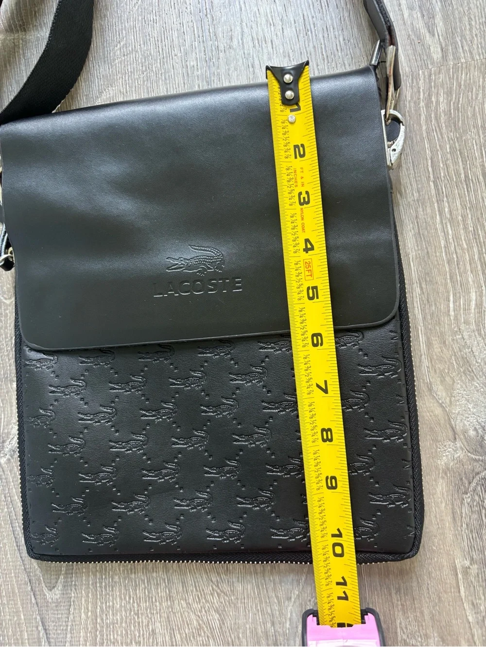 Lacoste Black Embossed Leather Messenger Bag